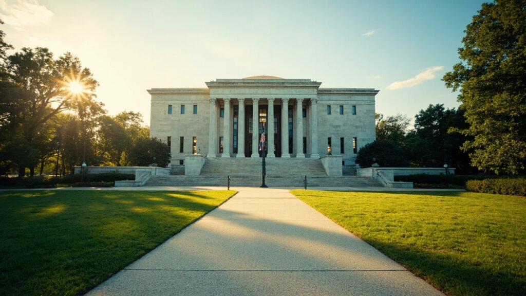 The neoclassical limestone facade of the Harry S. Truman Building, headquarters of the US State Department in Washington DC, with its tall c