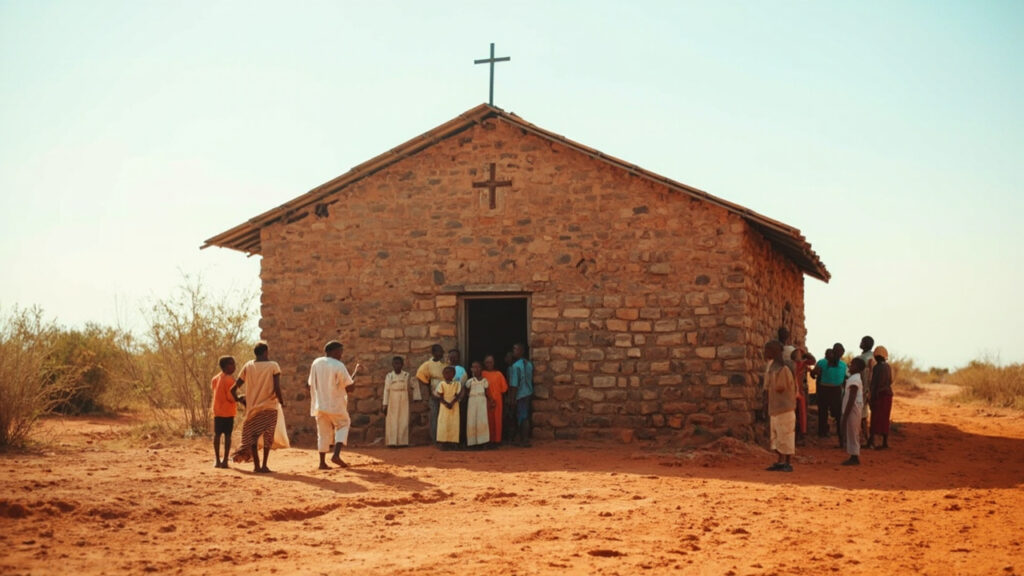 A rural Catholic church building in a dry, sparsely populated northern Kenyan landscape with a small group of people gathered outside.