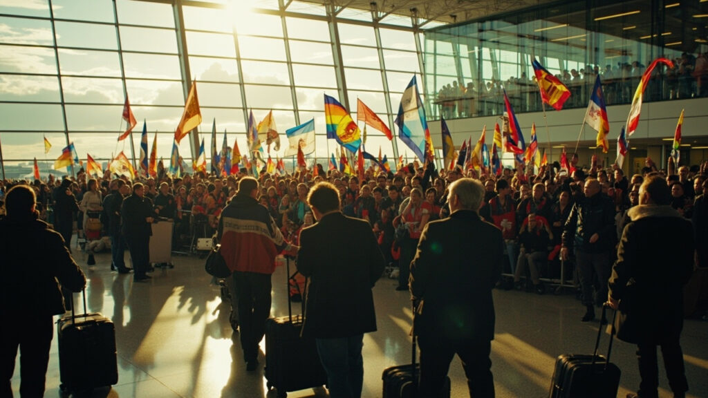A crowd of football supporters with flags, banners and drums gathered at a modern airport arrivals terminal, viewed from behind.