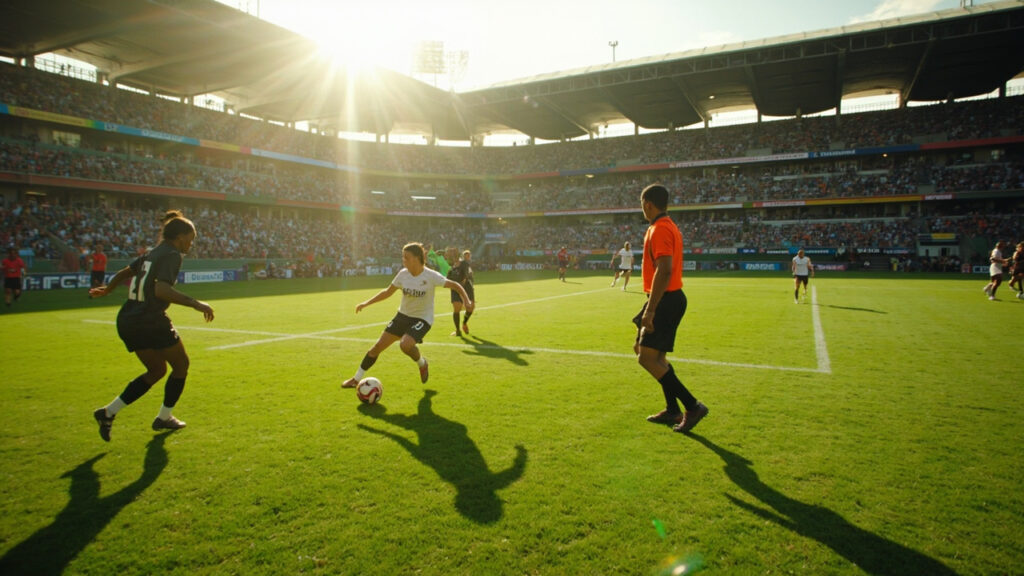 Women's football players competing on a pitch during an African international tournament, with a stadium crowd in the background.