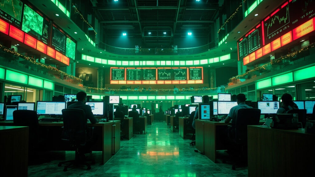 Interior of the Nairobi Securities Exchange with electronic display boards and staff at workstations on a modern trading floor.