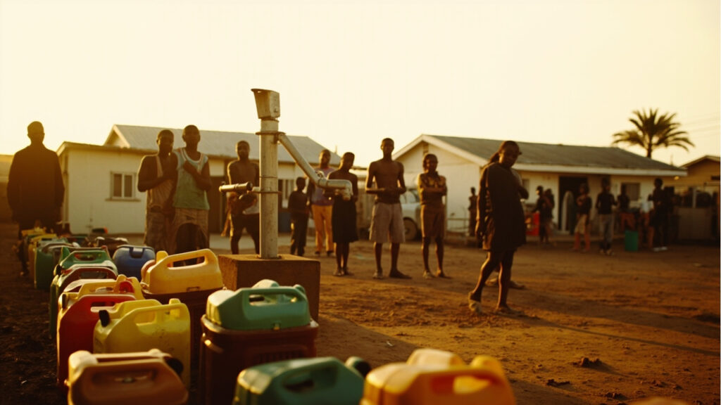 A communal standpipe in a Durban township where residents queue with containers to collect water.