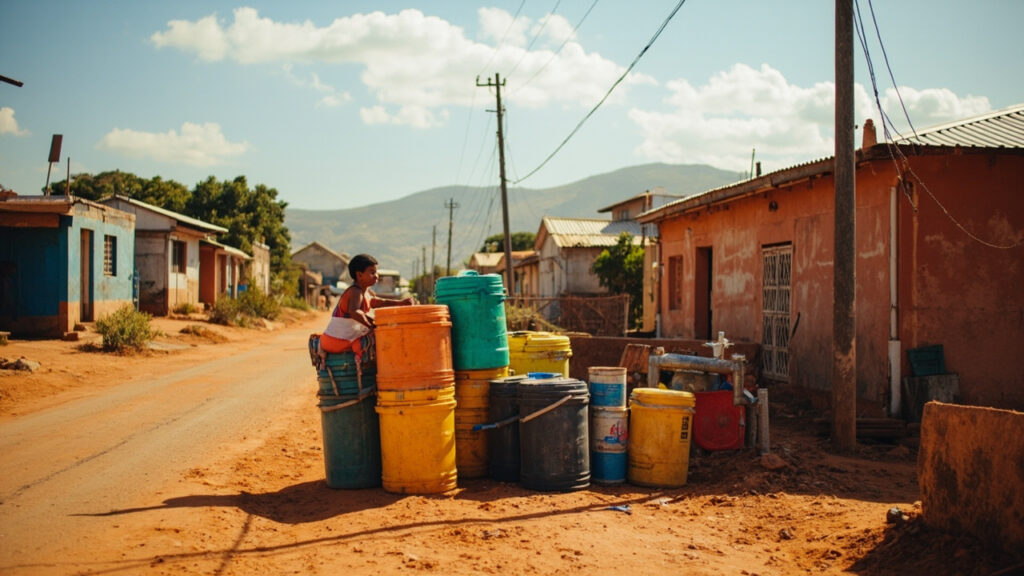 A street-level view of a Durban residential area where residents gather empty containers near a dry tap amid a water supply crisis.