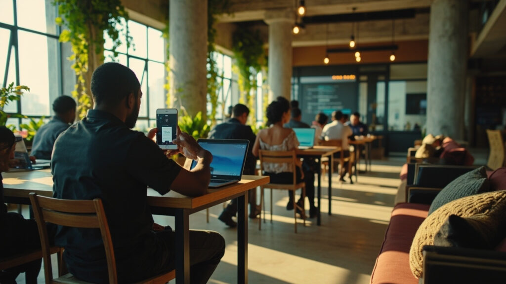 A modern African co-working space with professionals working on laptops and smartphones, one displaying a mobile-payment app.