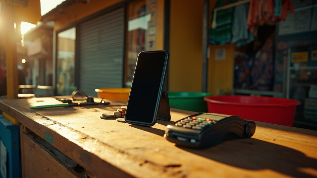 A smartphone and payment terminal sit on a street-side counter with coins in the foreground and an urban shop blurred behind.