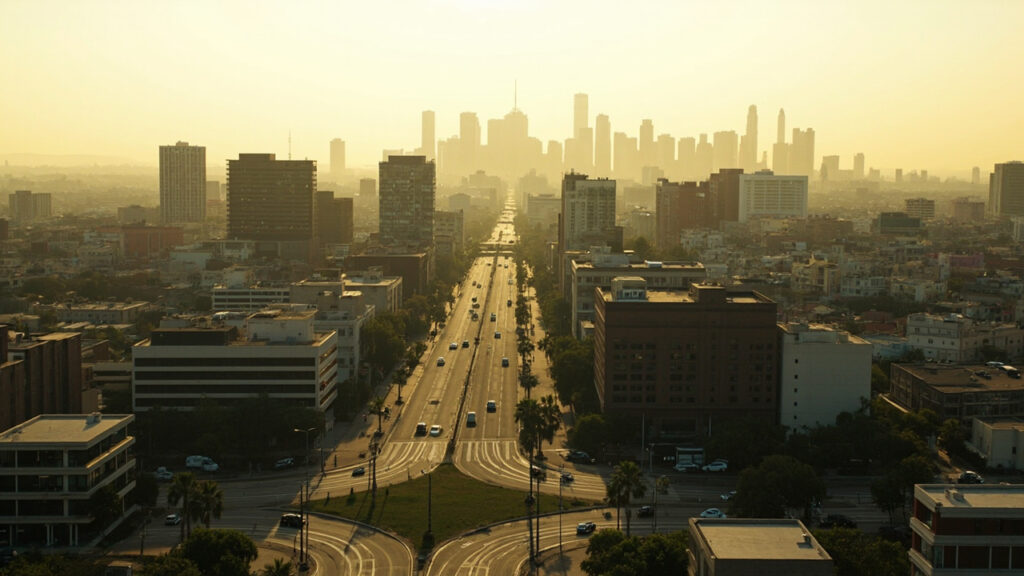 An elevated daytime view of a modern Nigerian city centre, with government and commercial buildings, roads, and scattered trees under a hazy
