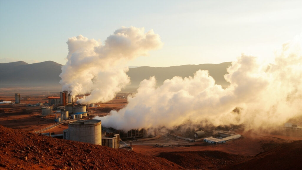 A geothermal power plant in Kenya's Rift Valley with white steam plumes rising from wellheads and cooling structures.