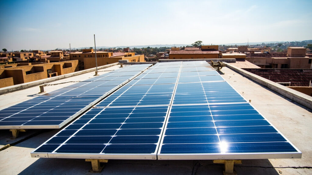 A rooftop in a peri-urban Nairobi neighbourhood fitted with an array of solar panels catching bright midday sun.