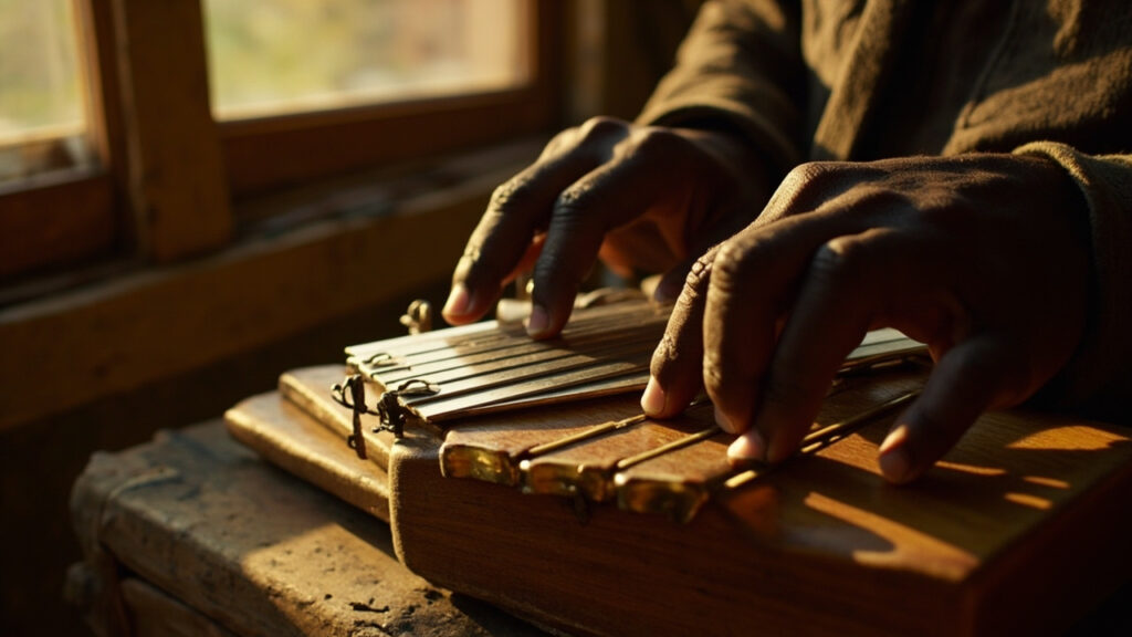 Close-up of weathered hands playing an mbira thumb piano on a wooden surface