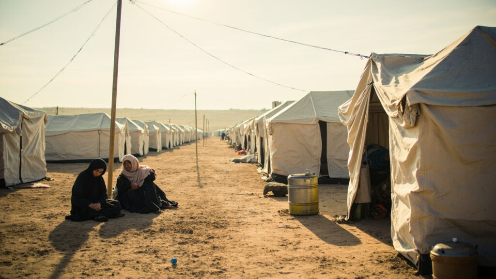 A wide view of a displacement camp near El-Obeid in North Kordofan, Sudan, with rows of temporary shelters and women gathered in the foregro