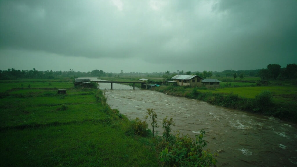 A photograph of the East African countryside under heavy overcast skies, with saturated fields and a swollen river.