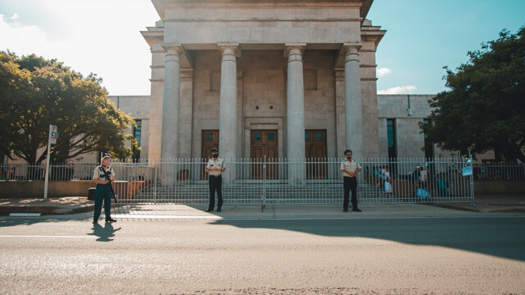 Security personnel and barriers blocking the entrance to a judicial building in an African capital.