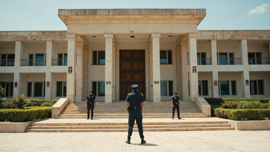 Wide daytime photograph of a government building in Lusaka, Zambia, with uniformed police officers visible near the entrance.