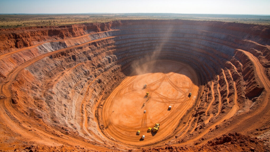 A wide elevated view of a large open-pit copper mine with terraced rock walls and tiny haul trucks under bright midday light.