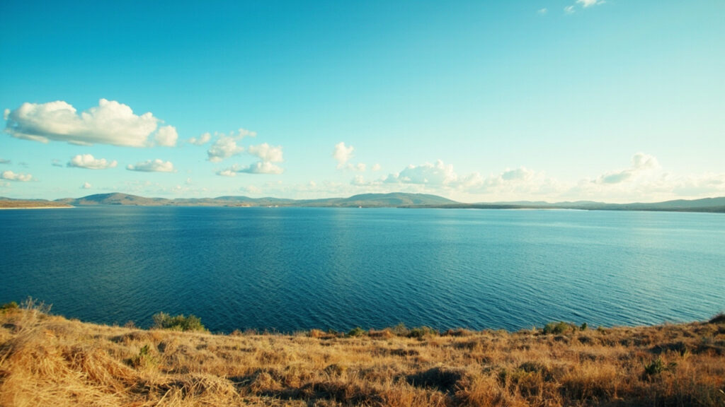 A wide view of the expansive blue waters of Lake Kariba bordered by distant low hills under a clear sky.