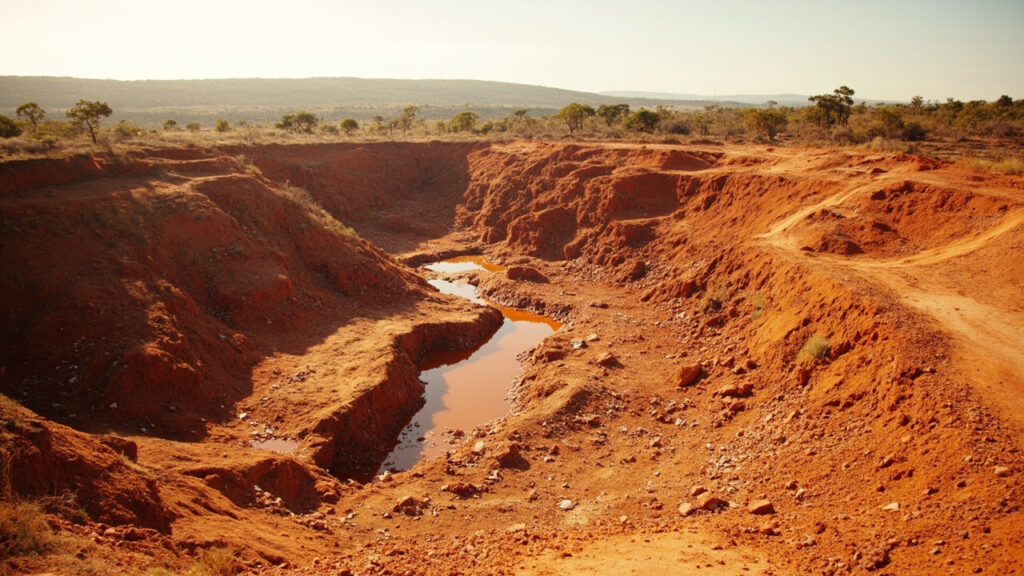 A degraded hillside showing open mining pits and pooled, discoloured water, illustrating environmental damage from unregulated extraction.