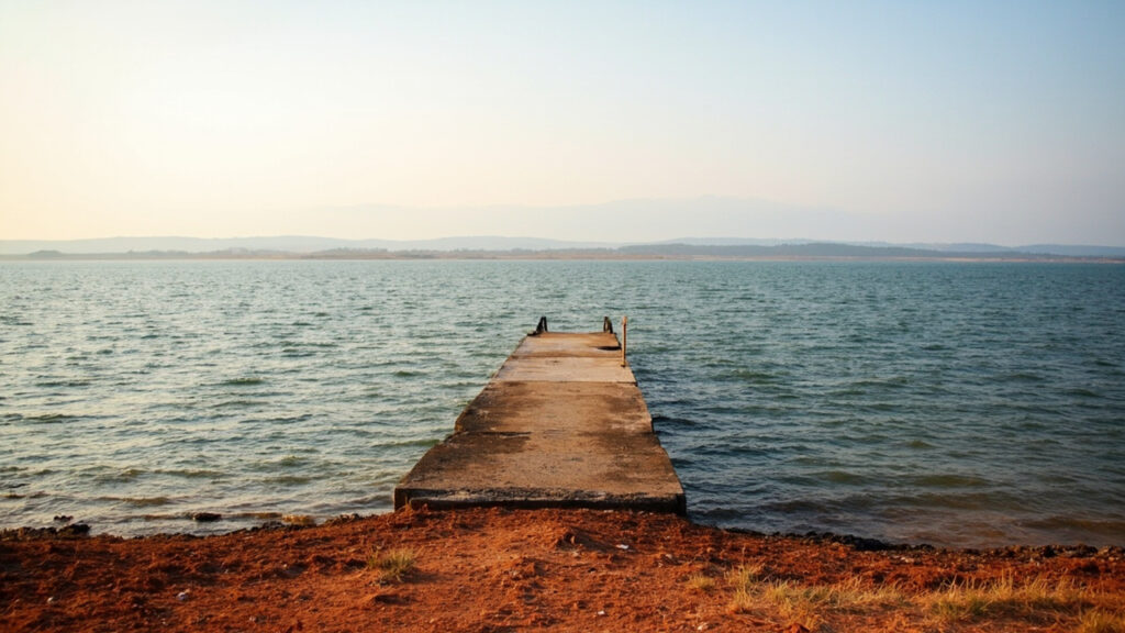 A wide view of Lake Kariba's shoreline showing the vast calm reservoir, a weathered jetty, and distant hills under hazy late-afternoon light