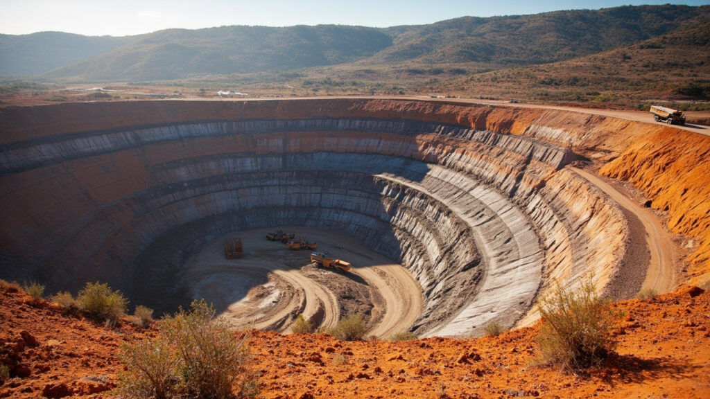 An open-pit mine in the Zimbabwean highlands with haul trucks on terraced benches under bright midday sun.