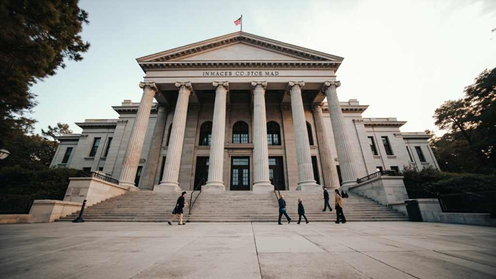 A wide exterior view of a stately courthouse with stone steps and columns under daylight.